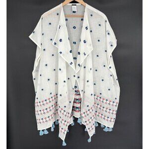 J.Crew Women's Embroidered Beach Poncho M/L Ivory Oversized Bohemian Tassels